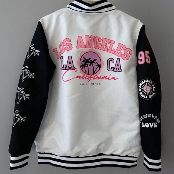 Vintage Y2K  rue21 Satin Varsity Jacket Size Medium White Los Angelos California - Picture 1 of 16